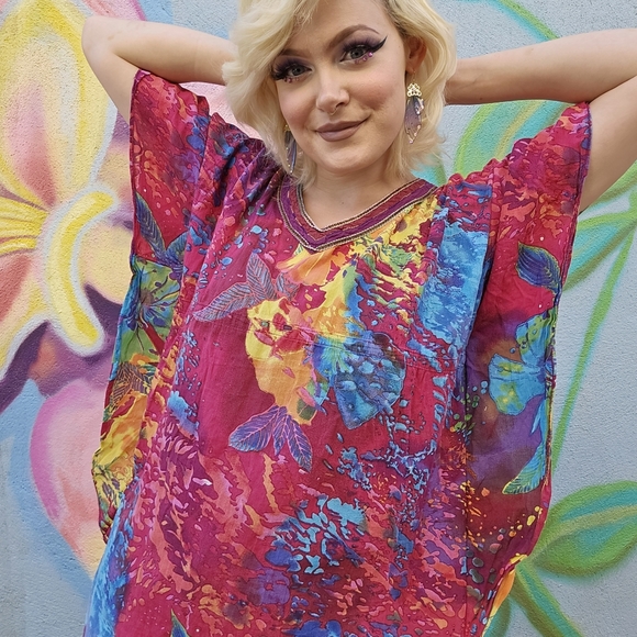 BIBA Vintage Rainbow Watercolor Style Abstract Paint Splatter Batwing Top - Picture 13 of 16